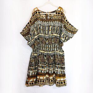 Mlle Gabrielle African Inspired Print Dress, Cold Shouldered Elastic Waist 2X